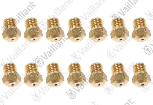 Set mit 14 Brennerdüsen in Messingoptik von Vaillant, mit unterschiedlichen Gewindeformen.